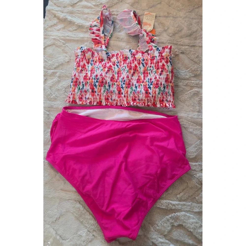 Summer Mae Maternity Bikini Set Floral Smocked Top High Waist Pink Size S NEW